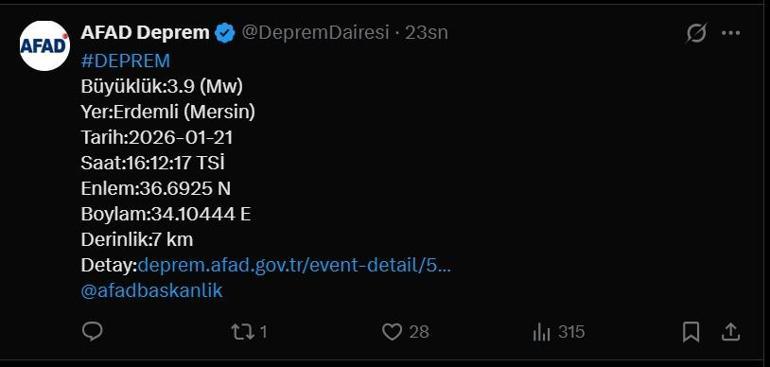 MERSİN DEPREM SON DAKİKA 21 Ocak 2026 deprem mi oldu, nerede, kaç şiddetinde AFAD ve Kandilli Rasathanesi 21 Ocak son depremler listesi