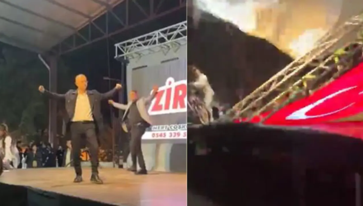 Etkinlikte led ekran devrildi. Başkan ve sunucu saniyelerle kurtuldu