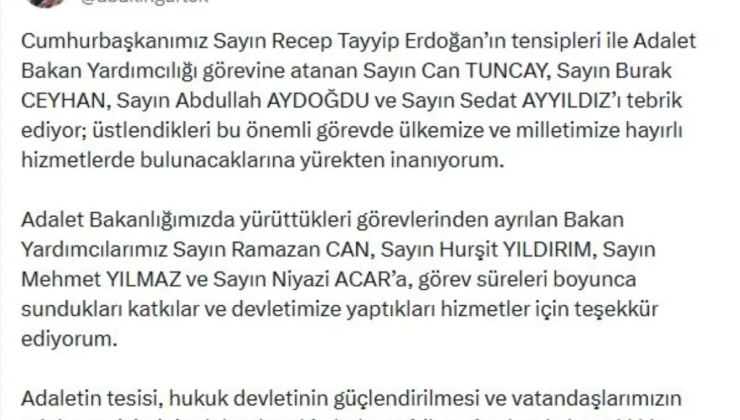 Adalet Bakanı Gürlek'ten Yeni Bakan Yardımcılarına Tebrik