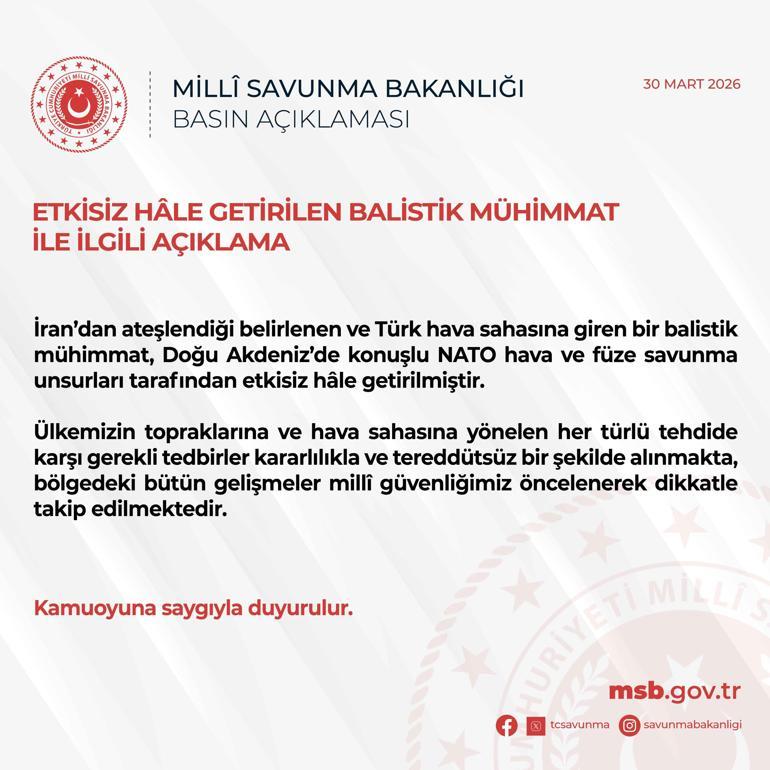 Son dakika… MSB: İran'dan ateşlenen 4. füze önlendi