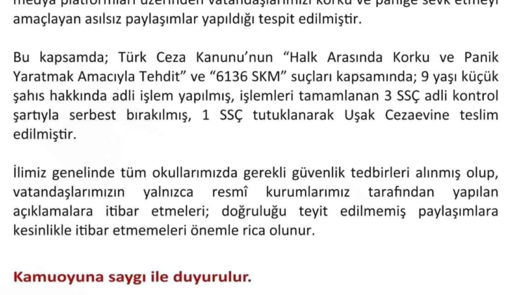 Uşak'ta asılsız paylaşımlara yönelik 1 şüpheli tutuklandı
