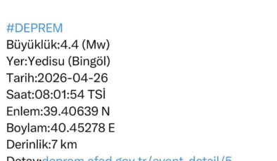 Bingöl'de 4.4 büyüklüğünde deprem
