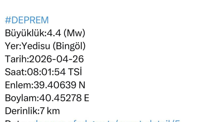 Bingöl'de 4.4 büyüklüğünde deprem